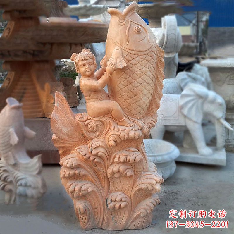 邯郸大型喷水鲤鱼雕塑-晚霞红石喷泉