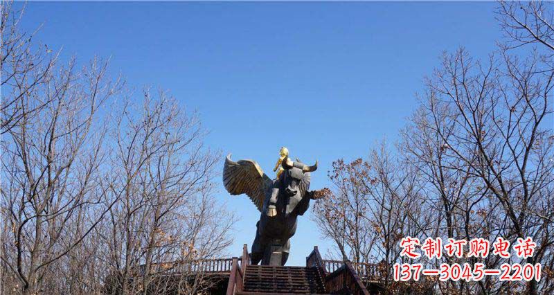 邯郸精美铜雕雕塑——可爱小男孩站在飞牛上